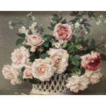 Maurice Decamps, oil on canvas, Still life of roses in a basket, signed, 37 x 44.5cm