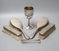 A Victorian engraved silver goblet, London, 1875, 6.3cm, a pair of silver sugar tongs and four