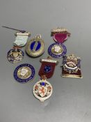 Six assorted early to mid 20th century silver and enamel masonic jewels, gross 4.5oz.