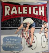 A large Raleigh advertising poster: 'Raleigh World Champion Cycle Five Years out of Six - Let
