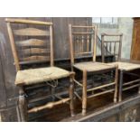 Three 19th century provincial rush and wood seat chairs