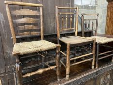 Three 19th century provincial rush and wood seat chairs