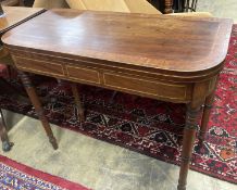 A George IV satinwood banded mahogany folding card table, width 90cm, depth 44cm, height 73cm