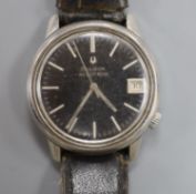 A gentleman's early 1970's stainless steel Bulova Accutron wrist watch, on leather strap, with black