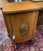 An Edwardian Sheraton revival painted satinwood bow front bedside cabinet, width 44cm, depth 39cm,