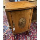 An Edwardian Sheraton revival painted satinwood bow front bedside cabinet, width 44cm, depth 39cm,