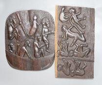 Two African carved wooden panels possibly Kenya or Nigeria, 29.5 x 24cm and 18 x 33cm