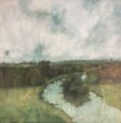 Modern British, oil on canvas, River landscape, 39 x 39cm