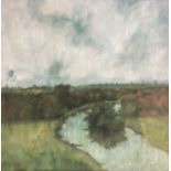 Modern British, oil on canvas, River landscape, 39 x 39cm