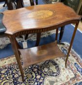 An Edwardian satinwood inlaid mahogany two tier occasional table, in Sheraton style, width 64cm,