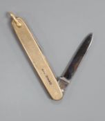 A late Victorian 9ct gold mounted pocket knife, 57mm, gross 15.2 grams.CONDITION: One of the
