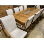 A mid century birds eye maple and walnut dining suite, comprising extending table, 205cm, depth