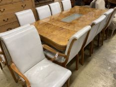 A mid century birds eye maple and walnut dining suite, comprising extending table, 205cm, depth