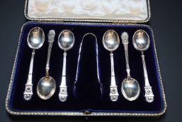 A cased set of six Victorian silver teaspoons and tongs, by Edward Hutton, London, 1884.CONDITION:
