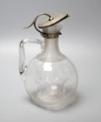 A Victorian silver mounted glass claret jug, with ribbed collar, Norton & White, Birmingham, 1896,
