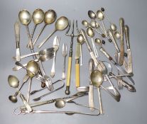 Two sets of silver spoons including bean end coffee spoons, six silver handled tea knives, a
