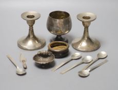 A group of small silver including dwarf candlesticks, coffee spoons, vesta, goblet, bookmark etc.
