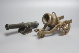 A bronze model of a mortar and carriage, 23.5cm and a bronze model cannon with pinion, 22.5cm