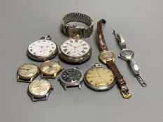 A Victorian white metal keyless pocket watch, two others and seven other wristwatches.