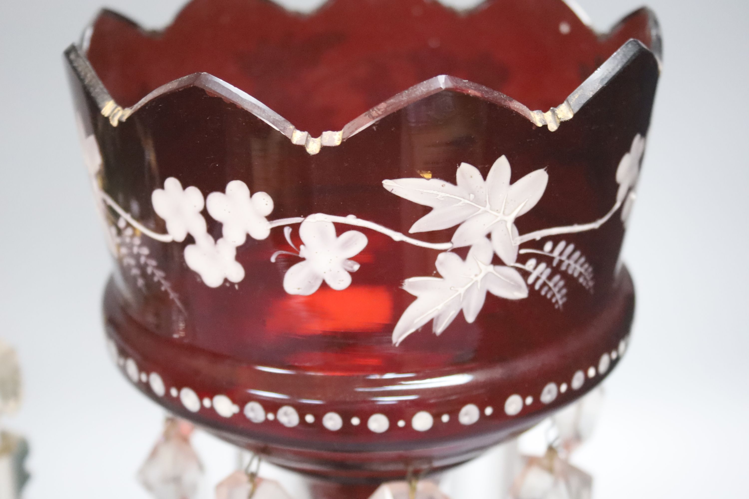 A cranberry glass lustre and a Bohemian overlaid ditto, tallest 33cm - Image 2 of 4