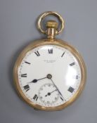 A George V 9ct gold open face keyless lever pocket watch, retailed by T. Ching, Dover, case diameter