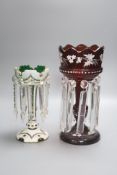 A cranberry glass lustre and a Bohemian overlaid ditto, tallest 33cm