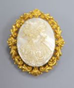 A yellow metal mounted carved mother of pearl cameo oval brooch, 59mm, gross 27.8 grams.CONDITION: