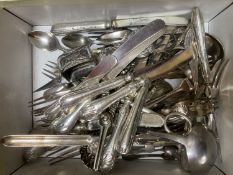 A quantity of mixed plated wares including snuffers, grape shears, soup ladles, flatware and ten