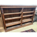 A late Victorian banded mahogany open bookcase, length 183cm, depth 33cm, height 123cm