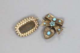 A Victorian yellow metal and seed pearl set mourning brooch, with engraved inscription(lacking