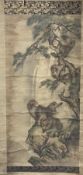 A Japanese Meiji period scroll painting on silk of monkeys amid pine trees, 113 x 55cm, some