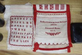 Two early 20th century Continental school samplers with darning and various skills shown