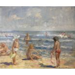 Pauline Brown (9126-), oil on board, Playing by the sea, signed, 23 x 29cm