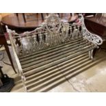 A Victorian style Coalbrookdale design painted cast metal garden bench with slatted wood seat,