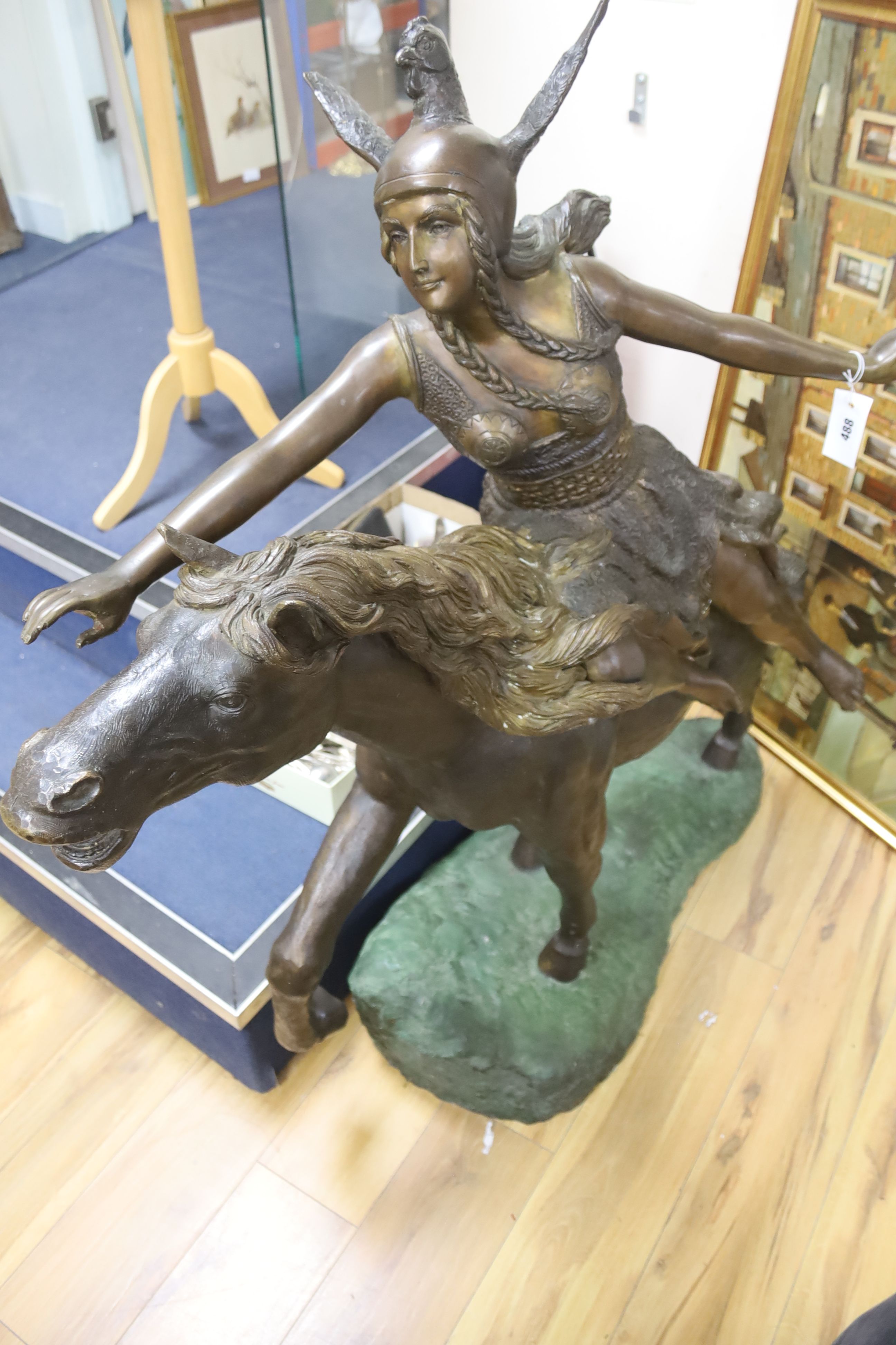 A large bronze of a Valkyrie on horseback, width 135cm height 122cm - Image 2 of 7