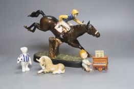 A Beswick racehorse and jockey, height 22cm, a Beswick child playing piano, a Royal Crown Derby bear