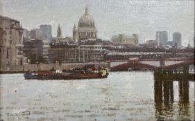 Dennis Syrett (b.1934), oil on canvas, St Paul's from Blackfriars, signed and dated 1995, 22 x 35cm