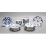 Six Chinese blue and white 'Horses' tea bowls and saucers and four 'ladies' tea bowls and saucers (