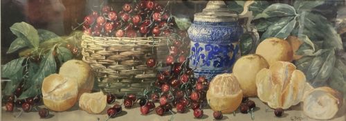 Giovanni Barbaro (1864-1915), watercolour, Still life of fruit and a stein on a ledge, signed, 27