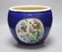 A large Chinese famille verte blue ground jardiniere, late 19th century, height 26cm