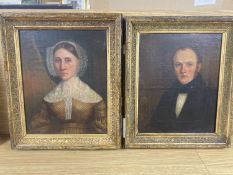 English School c.1840, pair of oils on canvas laid on board, Portraits of a husband and wife, 26 x