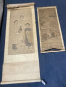 Two Chinese scroll painting on paper of beautiful ladies, late Qing dynasty, image 105 x 47cm and