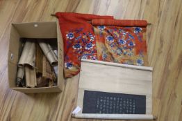 A pair of Chinese embroidered brocade panels and various printed scrolls etc.CONDITION: Provenance -
