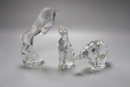 Three Baccarat crystal figures, a polar bear, 10cm high, a cheetah, 16cm high and a horse,22cm high