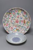A Chinese 'thousand flower' enamelled porcelain dish, 20th century, 40.5cm, and a mid 19th century