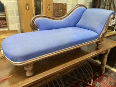 A Victorian mahogany upholstered chaise longue, length 180cm, depth 64cm, height 80cm