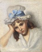 English School c.1900, oil on canvas, Portrait of a young woman wearing a ribbon tied bonnet, 48 x