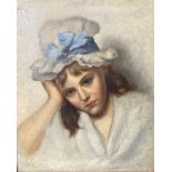 English School c.1900, oil on canvas, Portrait of a young woman wearing a ribbon tied bonnet, 48 x