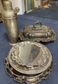 A collection of plated wares including tureen and cover, salvers, flasks, etc.
