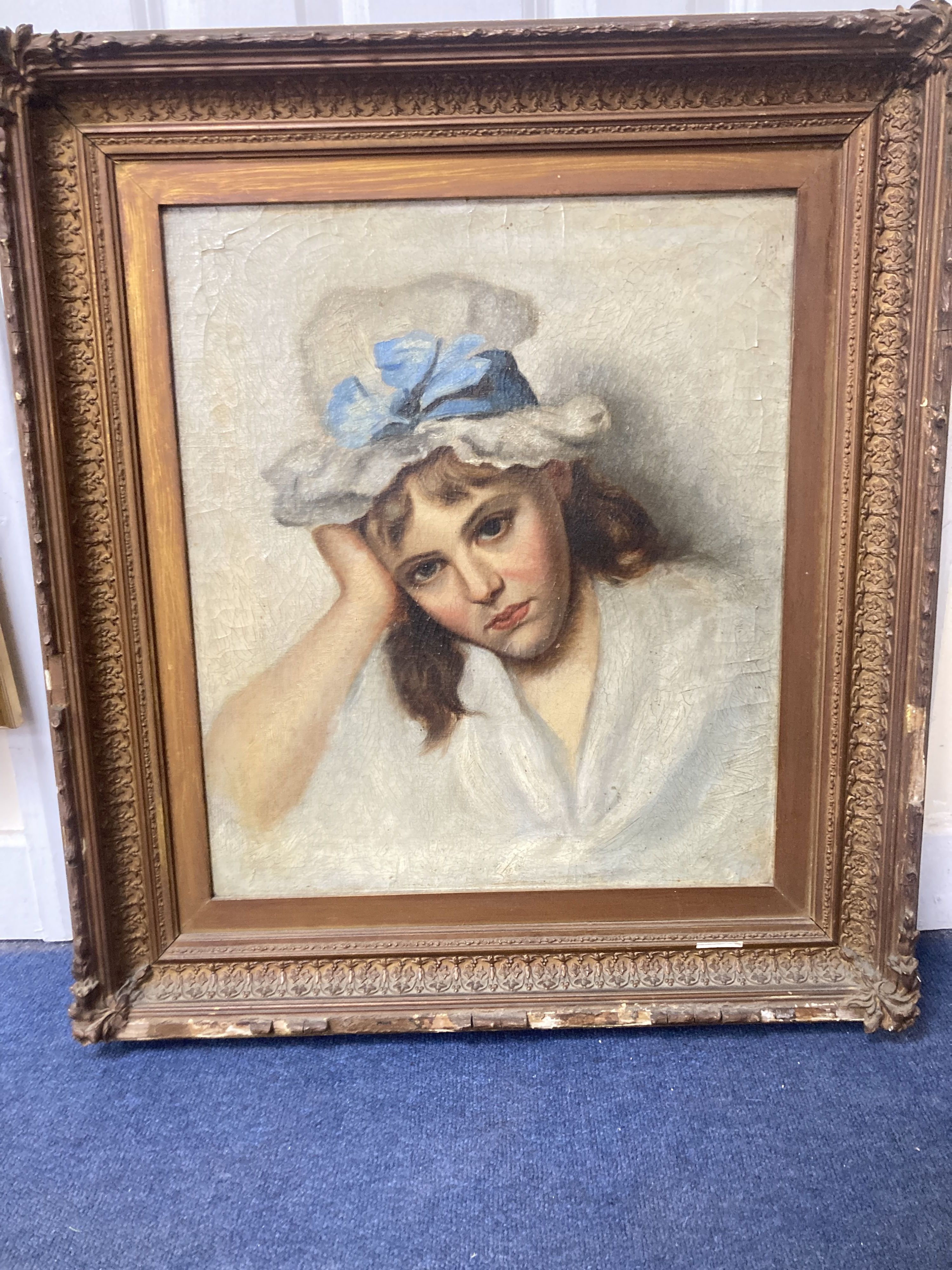 English School c.1900, oil on canvas, Portrait of a young woman wearing a ribbon tied bonnet, 48 x - Image 2 of 3
